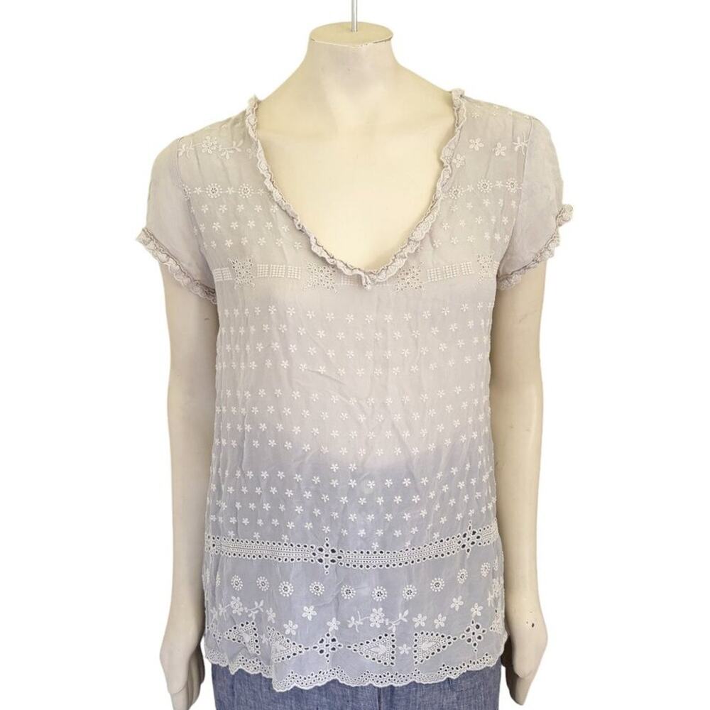 JOHNNY WAS Ruffled Trim Short Sleeve Eyelet Top in Vintage White  SZ S